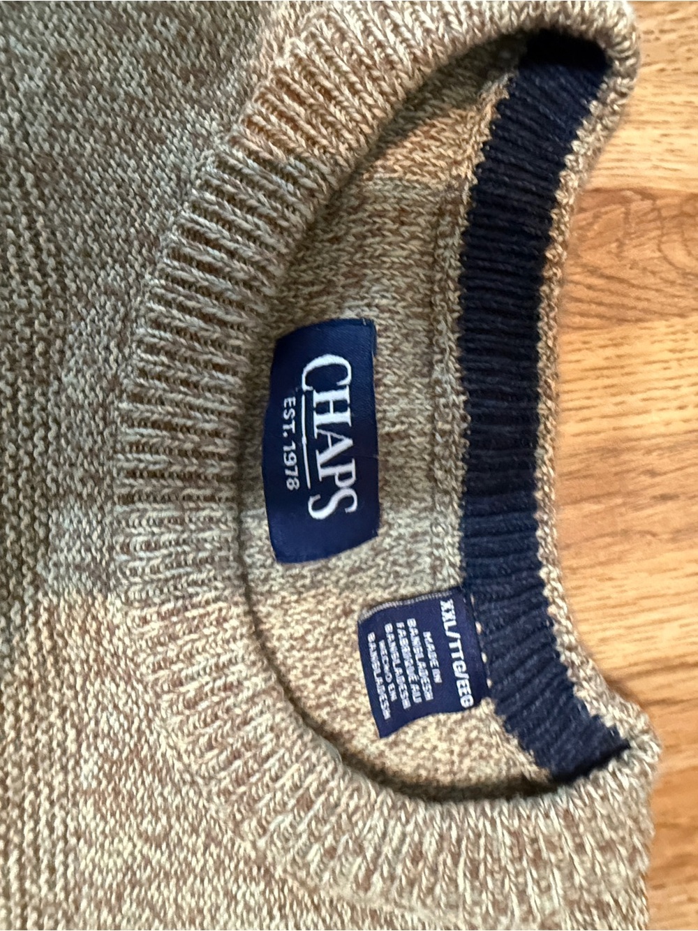 Chaps Men's Tan Crewneck Sweater with Navy Trim